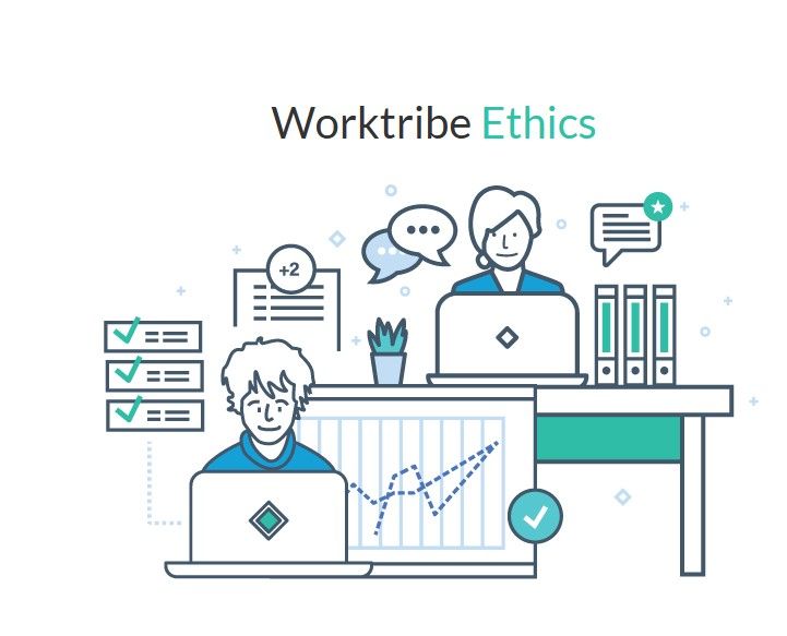 Cartoon graphic which reads 'Worktribe Ethics' and shows two people working at laptops with a series of graphics surrounding them showing graphs, check lists and speech bubbles.