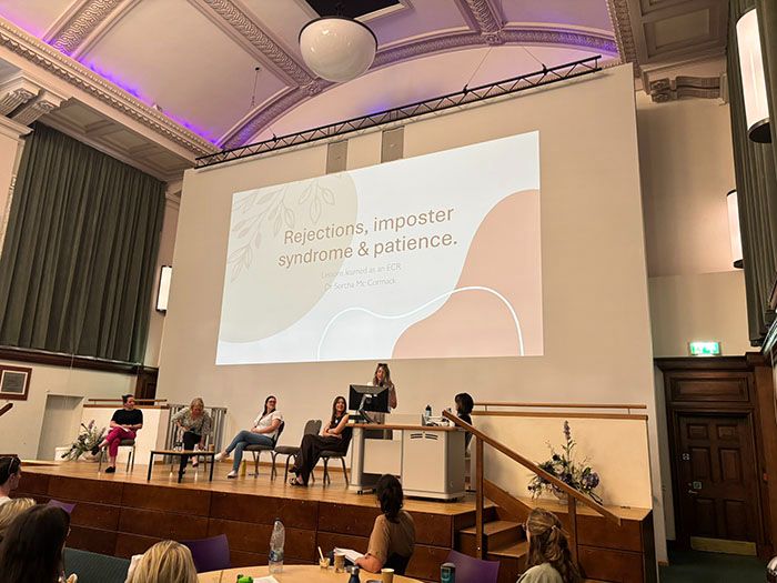 Dr Sorcha McCormack presenting her mini lecture, 'Rejections, imposter syndrome and patience'