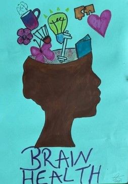A colourful drawing of a head with the top open, and images popping out including a heart, jigsaw pieces, book, butterfly, coffee cup, light blub and flower. Underneath it reads 'brain health'.