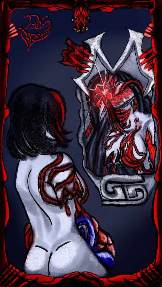 Horror art piece featuring a gorey woman who is nude from behind facing a mirror revealing her true bloody self