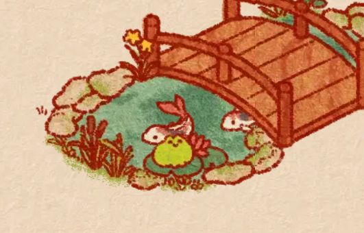 Still from the game Usagi Shima in which you collect bunnies. The still shows a water color painted wooden bridge over a koi pond with a cute round frog on a leaf. 