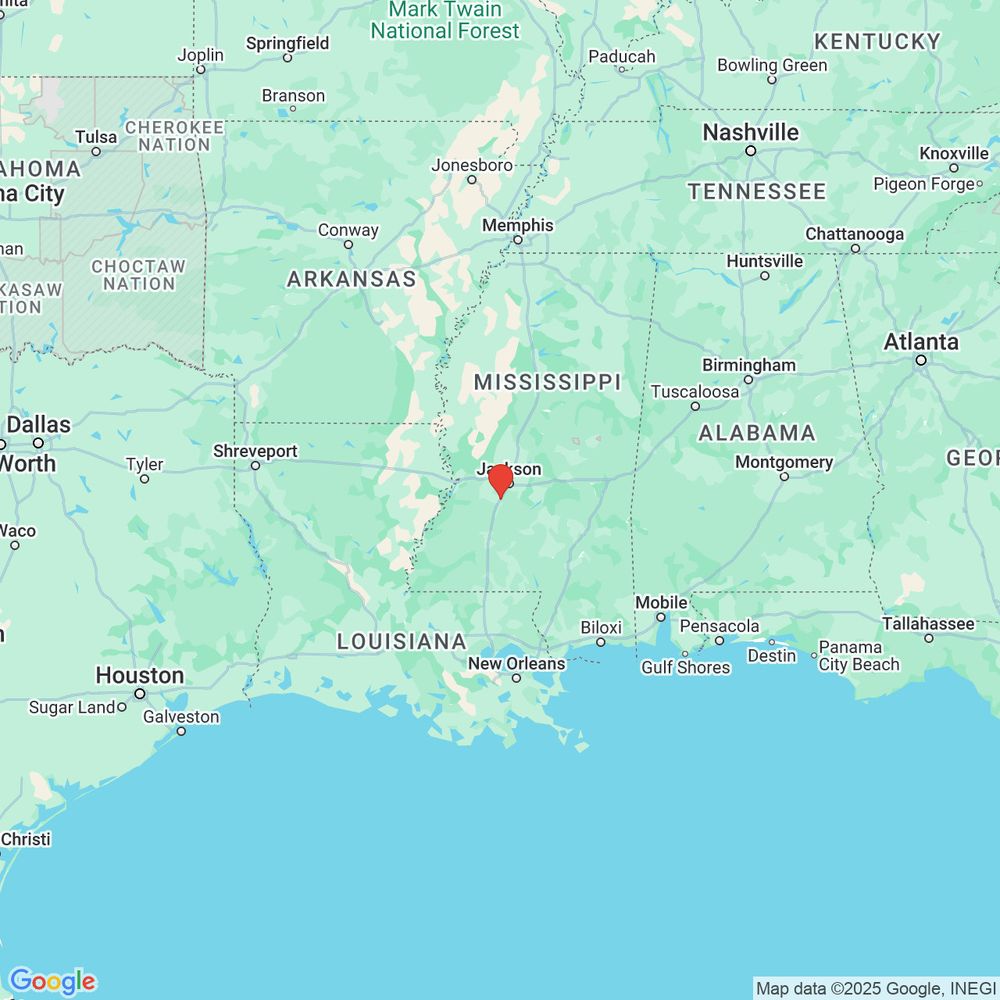 Google map with a pinned location just south of Jackson, Mississippi.