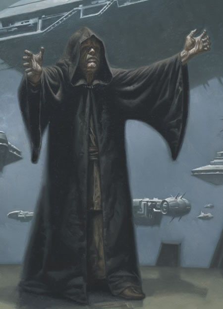 Emperor Palpatine from Star Wars, holding his arms out like a baby. There are spaceships flying behind him.