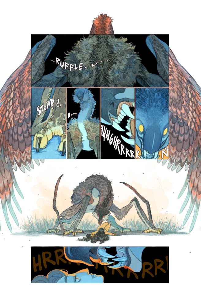 A page from Sacred Bodies by Ver, depicting Tolpan, one of the main characters, relaxing into a different form.