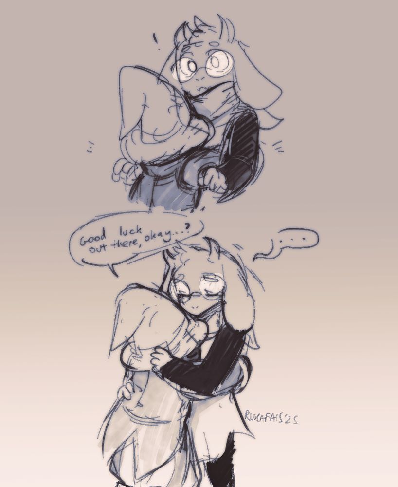Two sketches of Vivi Ornitier from FF9, hugging Ralsei from Deltarune. In the second sketch, Vivi says "Good luck out there, okay...?", while Ralsei says nothing, only hugs him back.