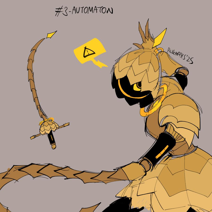 A whip-like segmented rapier in brassy tones, with a mildly sci-fi bent. It has an aiming pointer at one end. Beside it is the sword's humanization, which carries much of the same shapes in its design.