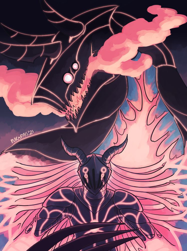 A dramatic picture of a horned knight with tentacles coming out of the back of their helmet and the dragon they ride behind them.