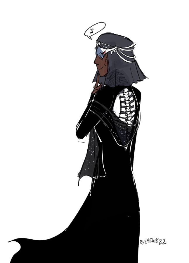 Sketch of a lich, Ekkehardt, wearing a backless dress and veil. The backless dress exposes his spine and shoulderblades, rather than an illusion of skin.