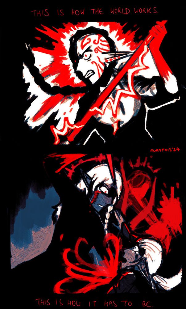 Two panels displayed vertically. The first panel shows Dahlia Sin'felle, an elf woman with a long braid, holding her weapon. Her hands and the weapon are coloured red. Her head is surrounded by a blood splatter halo. The second panel shows Vierna Do'urden, a drow woman with braided hair, preparing to turn her brother, Dinin Do'urden, into a spider/drow monster, a drider. Her hands are bloodstained and her knife is red. Both of them are crying. In the shadows of the panel, it shows her transforming Dinin into a drider.
The words on the page are "This is how the world works. This is how it has to be."
