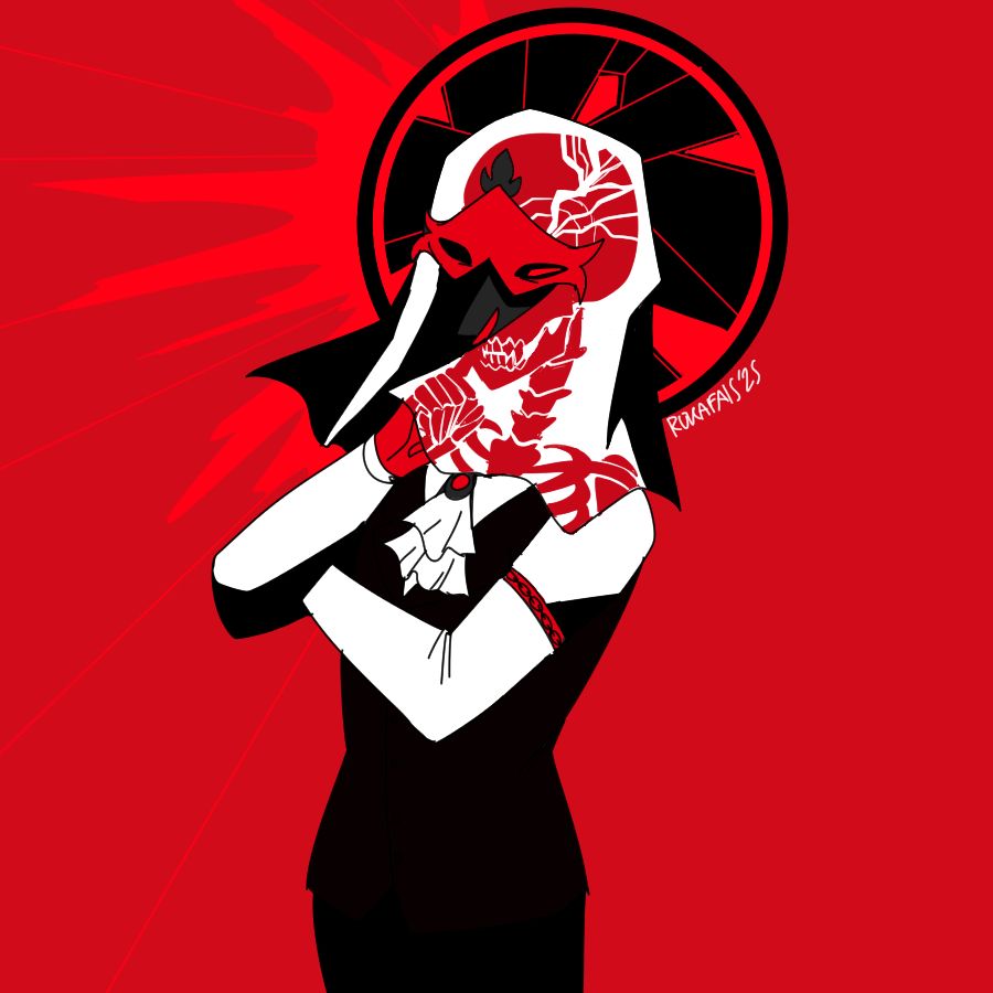 A high contrast picture of Ekkehardt, a masked lich. His true skeletal form is revealed by the veil he is wearing; he looks completely human outside of it.