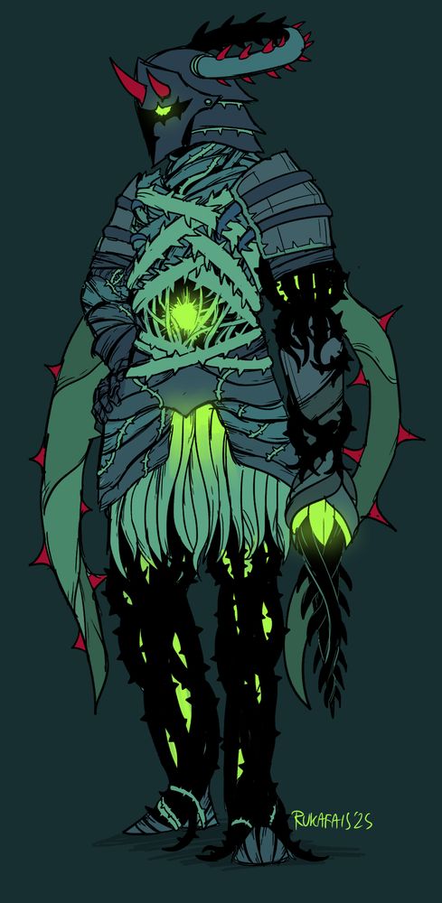 A knight that is pieces of armor held together by thorned vines. It has a thorn halo adorning its helmet. In place of a sword, one arm sprouts thorny dark vines.