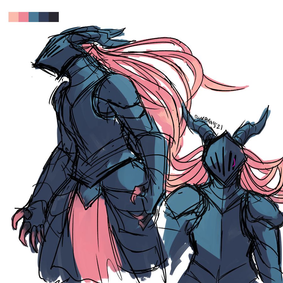 A blue and pink knight with long, pink tendrils coming out of the back of their helmet. They have claws and horns, and a helmet that suggests an inhuman facial structure.