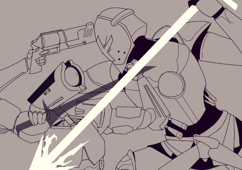 Cleaned up lineart of Gabriel and V1 from Ultrakill locked in combat. Most weapons have been defined, dark spots have been filled in.