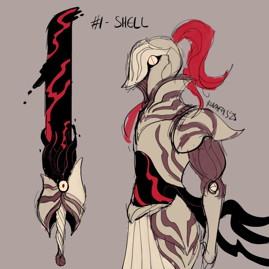 A nautilus-themed greatsword. The blade is made of black water with red ripples, and the hilt is an armored handguard. Beside it stands a 'humanized' version of the sword, a fully armored knight with a nautilus-shaped helmet and a staring, intense eye.