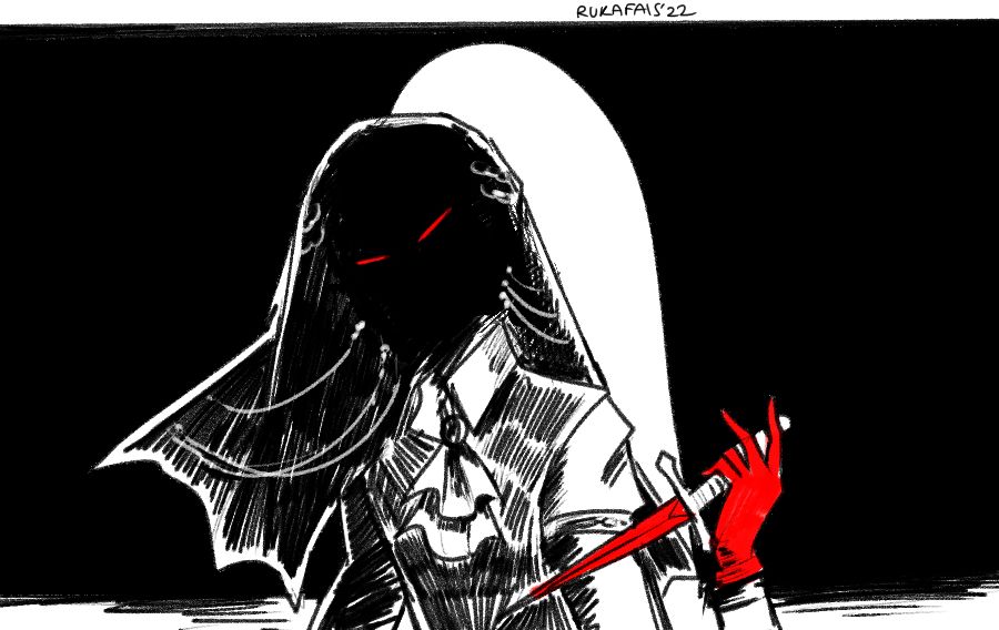 Black and white sketch of a veiled figure with a red dagger, red gloves and red eyes.