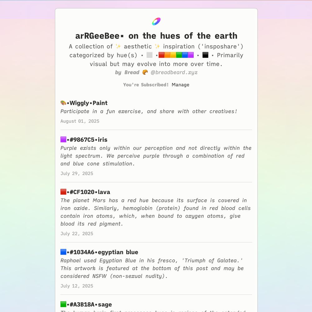 Homepage of arRGeeBee, by @breadbeard.xyz, with pastel rainbow gradient bg, white page, dark grey text, and a color emoji before each post title - https://arrgeebee.breadbeard.xyz/
