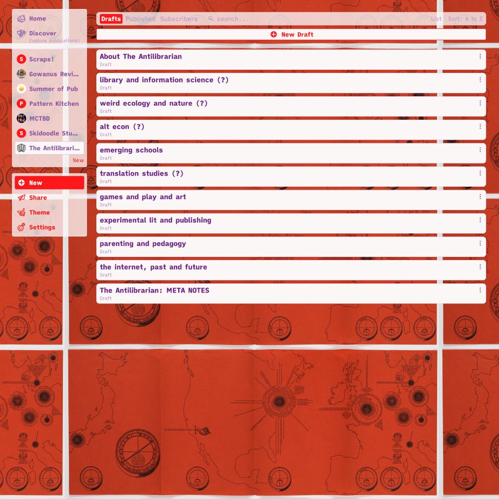 screenshot of "drafts" list for a Leaflet publication "The Antilibrarian", with black on red map line art tiled image bg