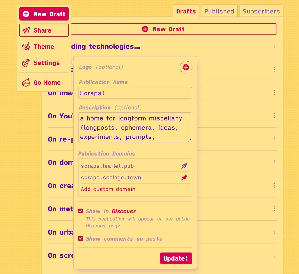 screenshot of a publication dashboard with 'settings' panel open showing settings for logo, name, description, domains, and a couple checkbox options