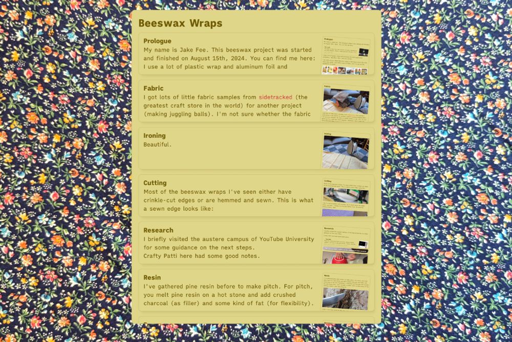 screenshot of a Leaflet titled "Beeswax Wraps" with subpages on the process of creating homemade beeswax wraps