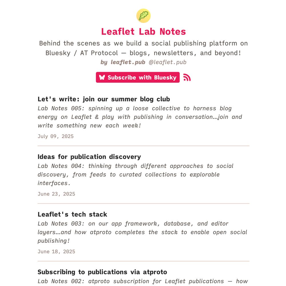 screenshot of 'Leaflet Lab Notes' homepage + post list, with dark grey text, white bg, and bright red-magenta accent on title and subscribe button