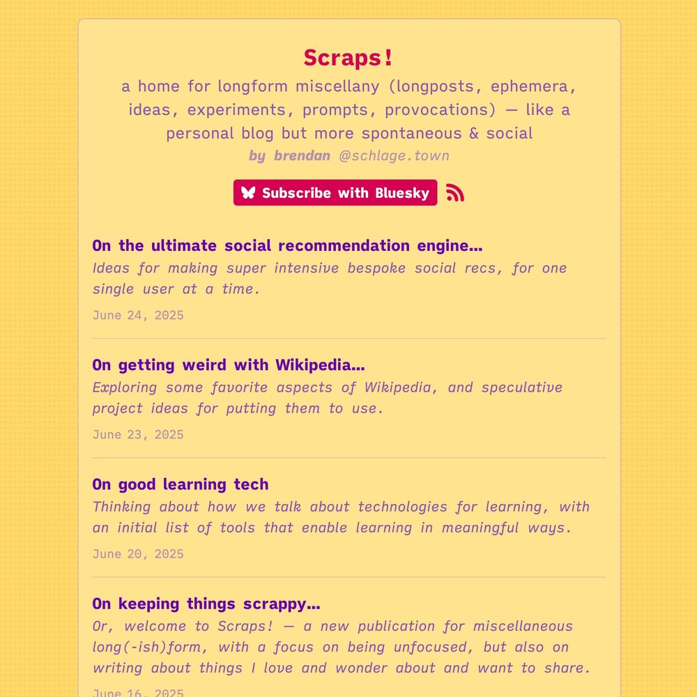 screenshot of a blog called 'Scraps!' homepage + post list, with purple text, yellow page, and gold dotted background pattern