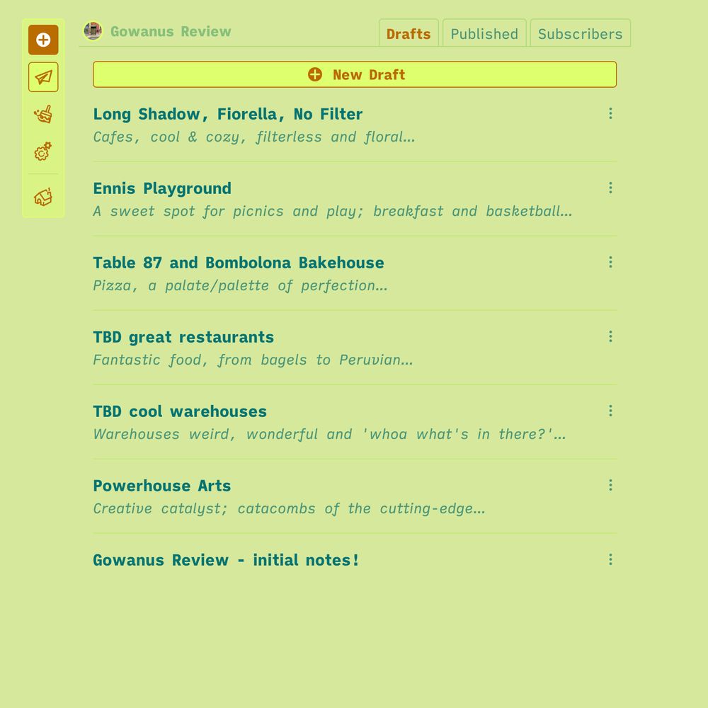screenshot of drafts list for 'Gowanus Review' pub, with dark teal text, green bg, and lime green button containers