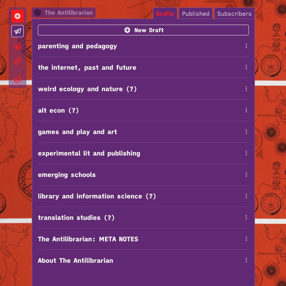 screenshot of drafts list for a pub called 'The Antilibrarian', with purple page bg, white text, and repeated bg image of a map with red bg and black line art