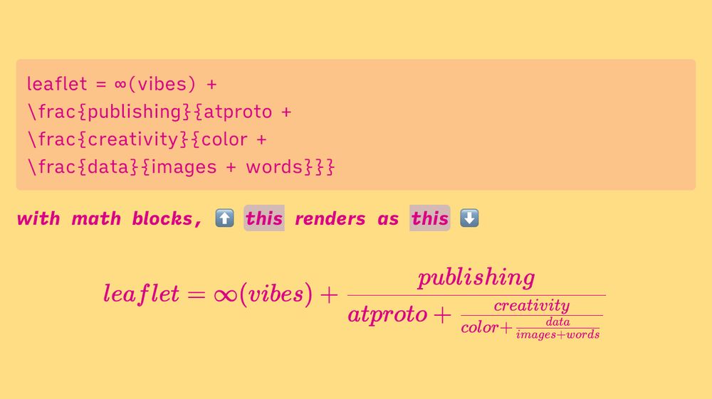 screenshot of an example math block, with TeX source text above in block edit state, then in the middle the text "with math blocks, ⬆️ this renders as this ⬇️", and below the rendered 'math' expression which is actually a nonsensical equation about Leaflet

the full expression text entered is:

leaflet = ∞(vibes) + 
\frac{publishing}{atproto + 
\frac{creativity}{color + 
\frac{data}{images + words}}}