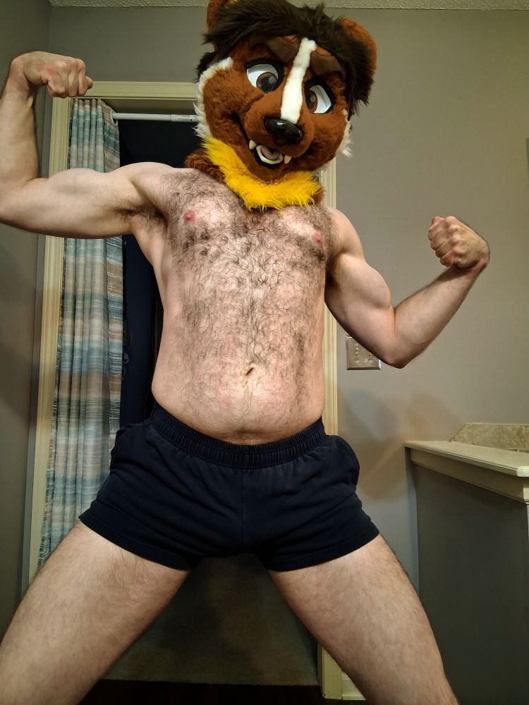 Shirtless man with weasel fursuit head, flexing both arms, with one arm somewhat lowered.