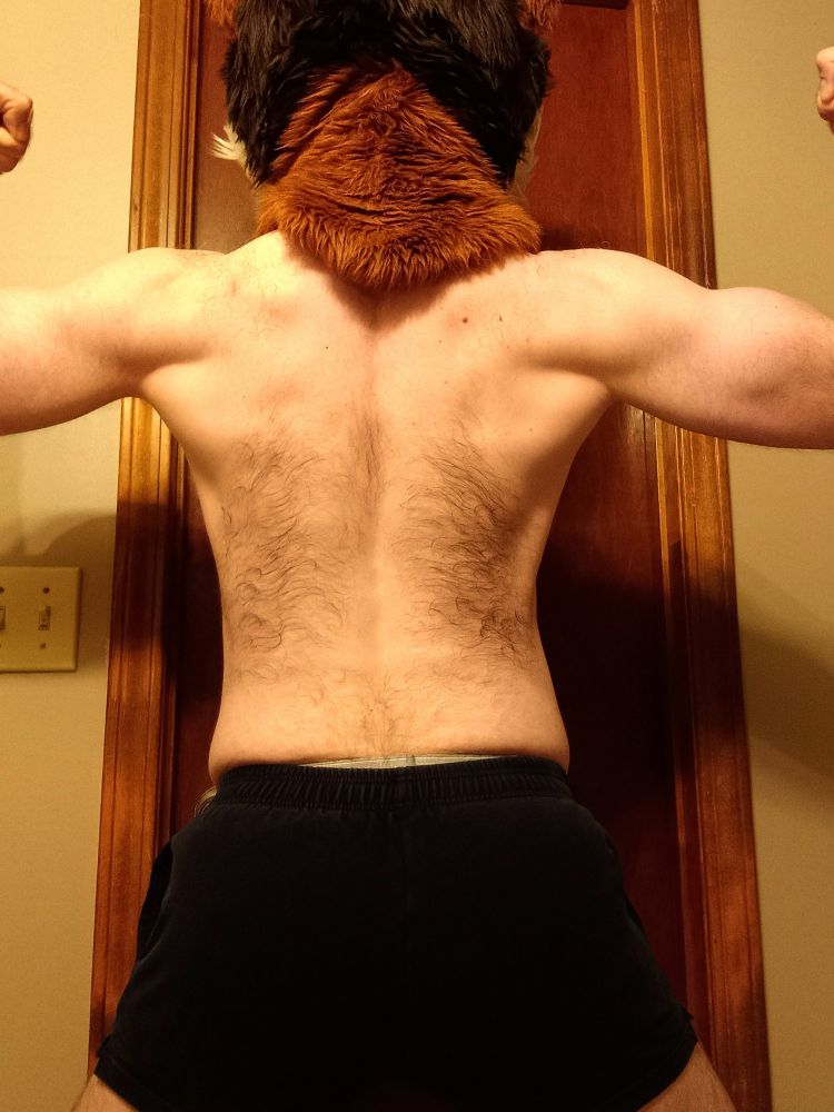 Shirtless man with weasel fursuit head, flexing both arms, with his back turned to the camera.