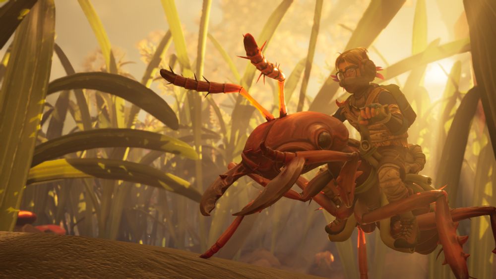 A photo of the character Pete from Grounded 2 riding an ant. 