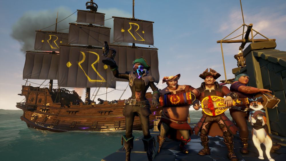 A screenshot of a crew of Sea of Thieves pirates in front of a Galleon. They are holding instruments. The pirate on the far left is holding up a tankard toasting to a session well sailed. 