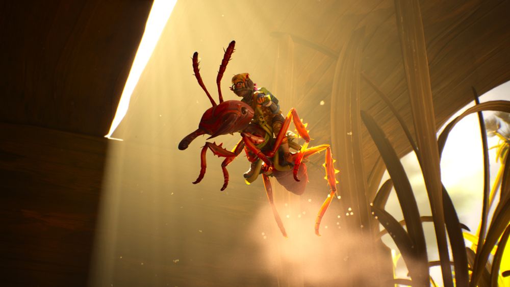 A photo of Pete riding a buggy mid hop in the air as the sun beams down on them in Grounded 2. 