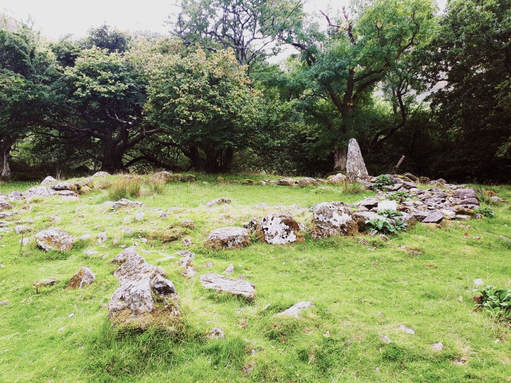 The scattered stones of an iron age hut circle on a grassy patch of land, fringed by trees. At the two o clock position, a large angular stone, about 3 feet high juts out of the circle. This is confirmed as a bronze age standing stone. 