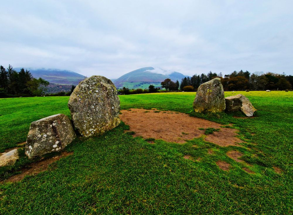 The entrance at Castlerigg, on the north side of the circle, is flanked by two massive upright stones- looking back to Blencathra and Skiddaw. 
