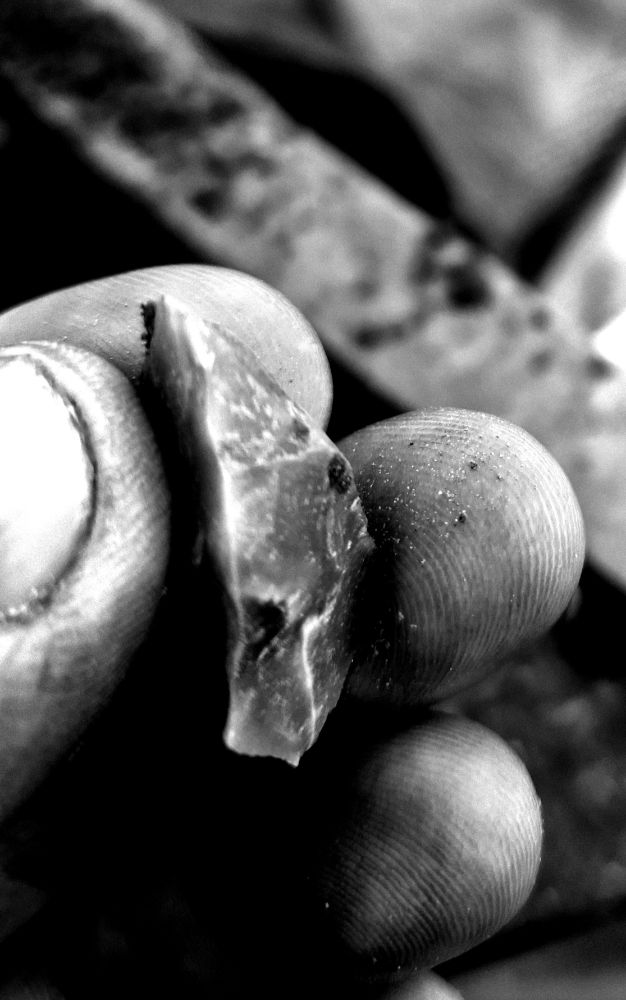 A black and white photo of some flint debitage being held by me. 
