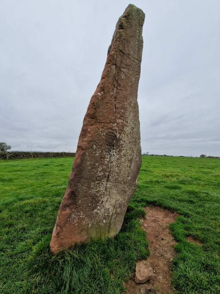 A tall sandstone standing stone sits in a field, it is called Long Meg,  showing concentric ring marks, lines and grooves. 
