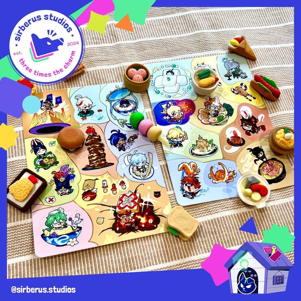 Product photo of sticker sheets featuring various characters from Genshin Impact drawn with their signature food dishes.  Top left corner is the Sirberus logo and bottom right corner is an indication that the product was made by Sirko.