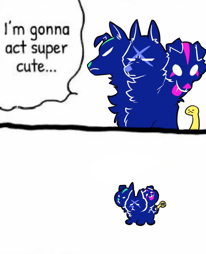 Two panel comic referencing the chikawa meme; the top panel is Sirberus saying "I'm gonna act super cute...", the bottom panel is Sirberus shrunk to a tiny chibi 