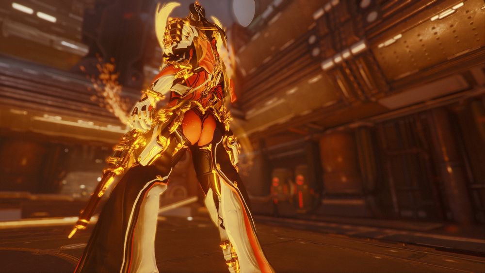 A densely-designed feminine robot standing with her back to the camera and wielding a pair of golden guns. She wears an intense orange-black-white color scheme with rich gold metallic embellishments. Her head is shaped like a cowboy hat and from this angle the eye is led up the shape of her chap-like leggings to her big fat orange ass, which would be positively egregious in design if it didn't so perfectly flow with the rest of the design.
