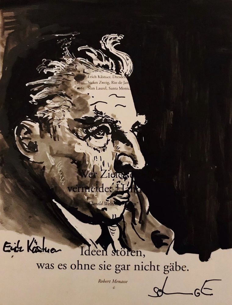 Portraitzeichnung des oben genannten auf dem heutigen Kalenderblatt. Es ist eine monochrome Zeichnung mit Tinte gefertigt.