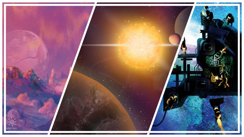 3 different images in diagonal slices with white borders. The first is of a pink alien planet with rocky outcroppings, the second a close up of a planet in space with a burning sun ahead of it in purple orange hues, and the third a small section of a ship being build by a little crew in spacedock in blues and blacks.