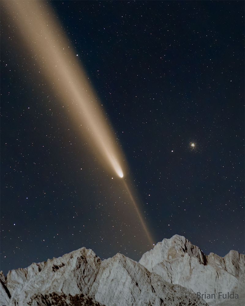 The tails of Comet Tsuchinshan-ATLAS were a sight to behold. Pictured, C/2023 A3 (Tsuchinshan–ATLAS) was captured near peak impressiveness last week over the Eastern Sierra Mountains in California, USA.  The comet not only showed a bright tail, but a distinct anti-tail pointing in nearly the opposite direction. The globular star cluster M5 can be seen on the right, far in the distance.  As it approached, it was unclear if this crumbling iceberg would disintegrate completely as it warmed in the bright sunlight. In reality, the comet survived to become brighter than any star in the night (magnitude -4.9), but unfortunately was then so nearly in front of the Sun that it was hard for many casual observers to locate. Whether Comet Tsuchinshan-Atlas becomes known as the Great Comet of 2024 now depends, in part, on how impressive incoming comet C/2024 S1 (ATLAS) becomes over the next two weeks.   Your Sky Surprise: What picture did APOD feature on your birthday? (post 1995)