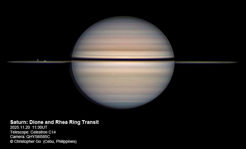 Seen to the left of Saturn's banded planetary disk, small icy moons Dione and Rhea are caught passing in front of the gas giant's extensive ring system in this sharp telescopic snapshot. The remarkable image was recorded on November 20, when Saturn's rings were nearly edge-on when viewed from planet Earth. In fact, every 13 to 16 years the view from planet Earth aligns with Saturn's ring plane to produce a series of ring plane crossings. During a ring plane crossing, the interplanetary edge-on perspective makes the thin but otherwise bright rings seem to disappear. By November 23rd Saturn's rings will have reached a minimum angle for now, at their narrowest for viewing from planet Earth, but then start to widen again. Of course, Dione and Rhea orbit Saturn near the ring plane once every 2.7 and 4.5 days respectively, while the next series of Saturn ring plane crossings as seen from Earth will begin again in 2038.