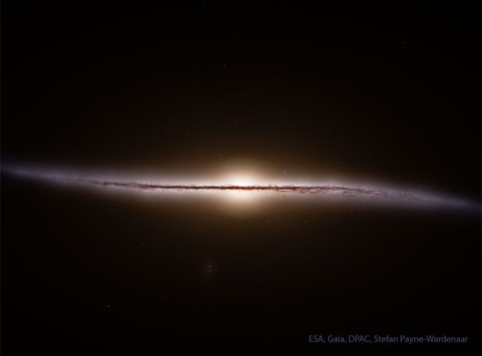 A dark field of space surrounds a thin but colorful band horizontally across the center. The band is nearly straight but curves at its outer edges. Please see the explanation for more detailed information.