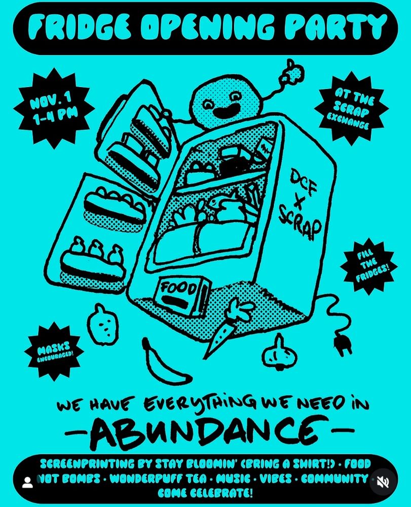 Flyer for a community fridge opening party: "we have everything we need in abundance"