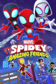 A title card for Marvel's Spidey: Amazing Friends. Spidey, Spin, and Ghost-Spider thwip towards the screen.