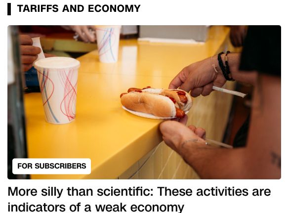 A thumbnail for a news story about recession indicators. To me, the picture looks like two fingers of a giant hand pinching tiny hot dogs.
