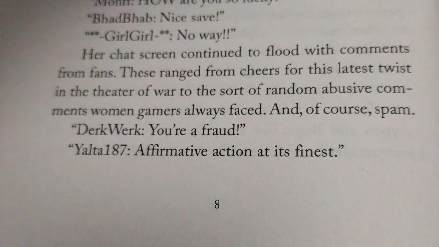 Excerpt from Wab Kinew's Walking in Two Worlds: "Her chat continued to flood with comments from fans. These ranged from cheers for this latest twist in the theater of war to the sort of random abusive comments women gamers always faced."