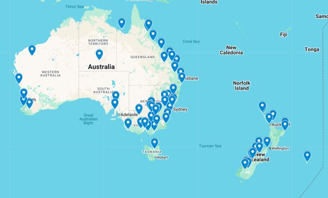A map of Australia and New Zealand showing the locations of primary schools that have signed up for our Free Crystal explorer kit - they are well spread over the two countries
